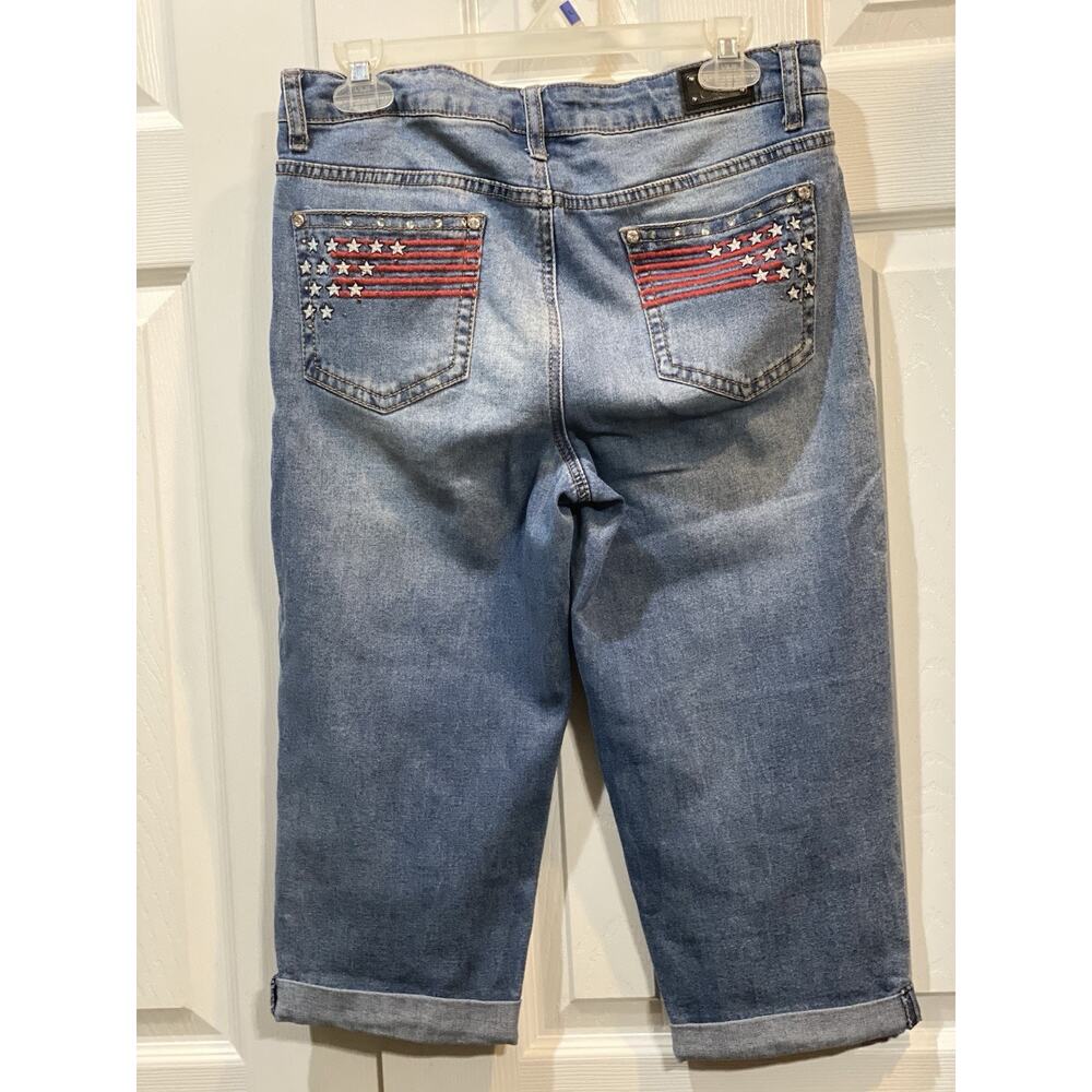 Earl Jeans Capri Womens Size 8 Blue Cuffed Red‎ Bling Flap Pocket